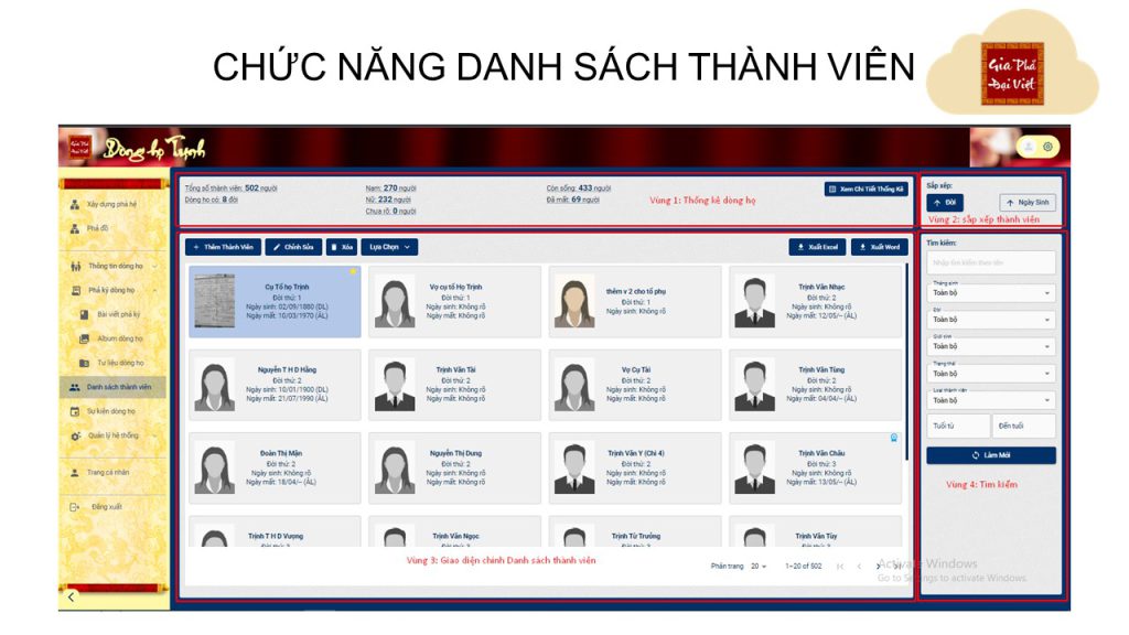 CHỨC NĂNG DANH SÁCH THANH VIÊN - 04 vùng chức năng chính