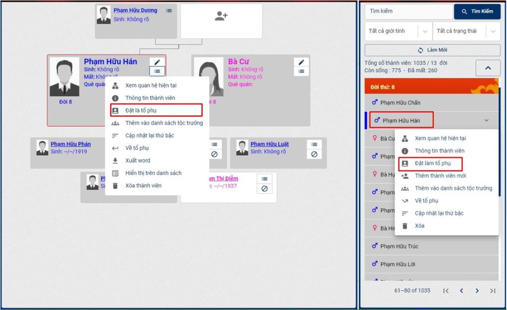 Lưu ý: Phả đồ chỉ được thiết lập khi đã đặt 1 thành viên trong họ làm tổ phụ (Phả đồ sẽ đươc vẽ từ tổ phụ)