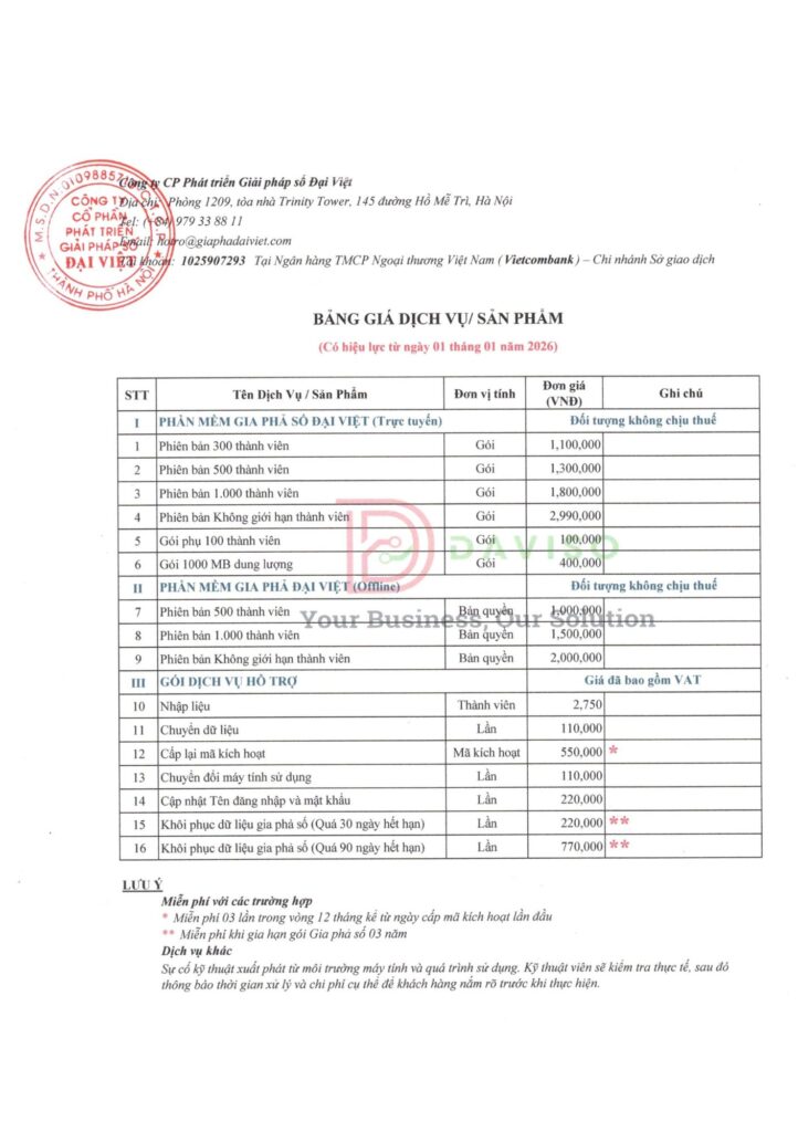 Bảng Giá Dịch Vụ & Sản Phẩm 2026
