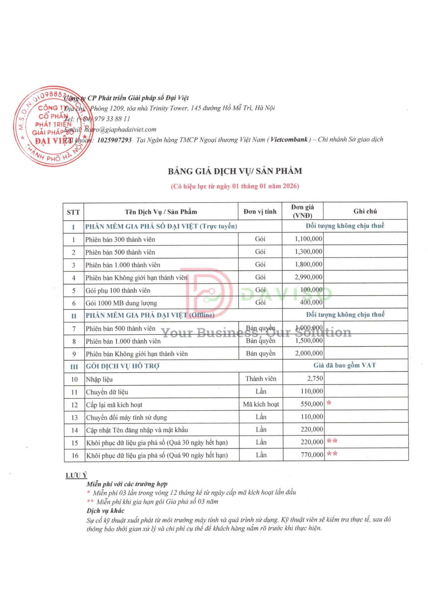 Bảng Giá Dịch Vụ & Sản Phẩm 2026 - 2026